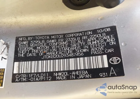 2009 Toyota Prius z USA, uszkodzony, nr VIN JTDKB20U293487456